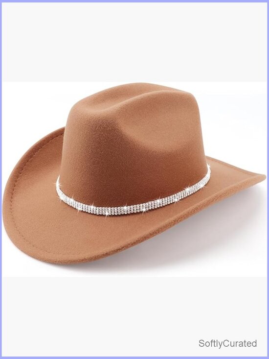Classic Felt Wide Brim Cowboy Hat with Rhinestone Band Unisex main image 4